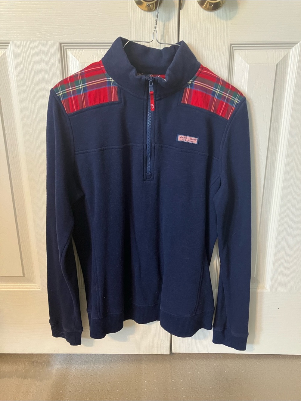 Vineyard Vines Navy Quarter-Zip with Red Plaid Shoulder Panels